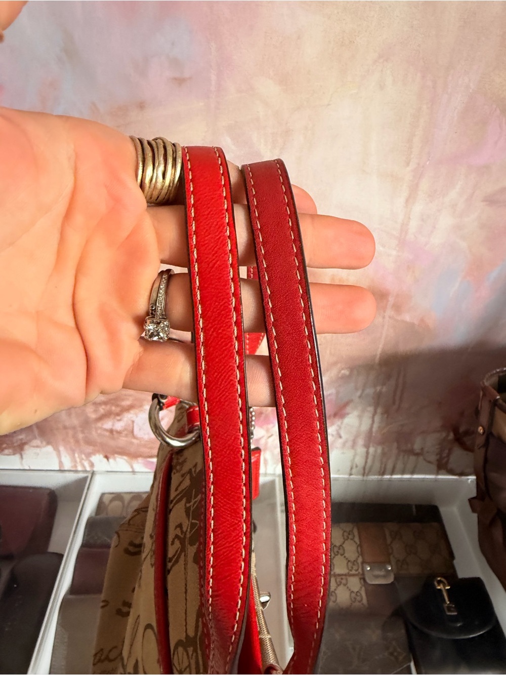 Coach Tan Signature Canvas Shoulder Bag with Red Leather Trim - Picture 4 of 8